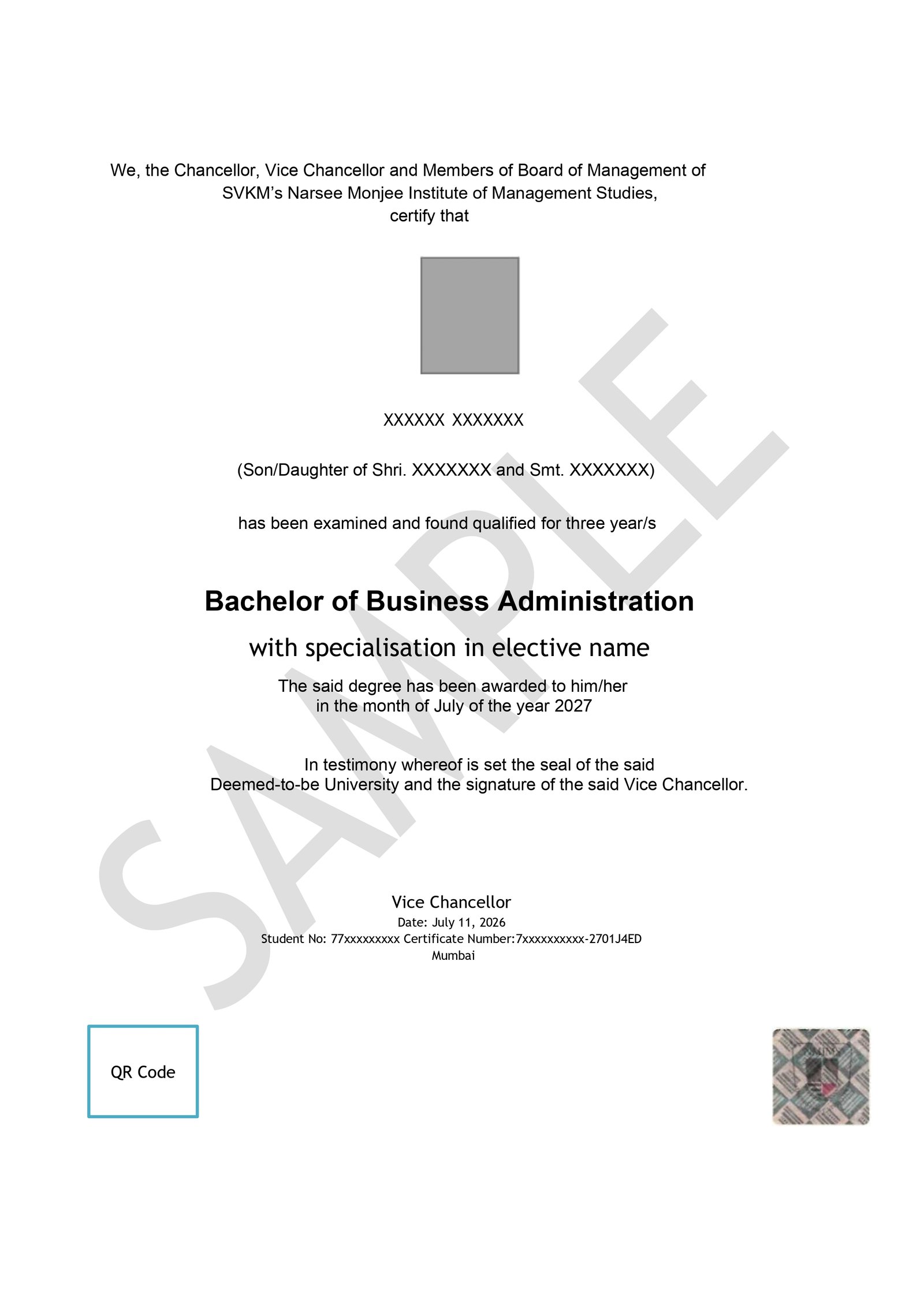 NMIMS Online BBA certificate sample