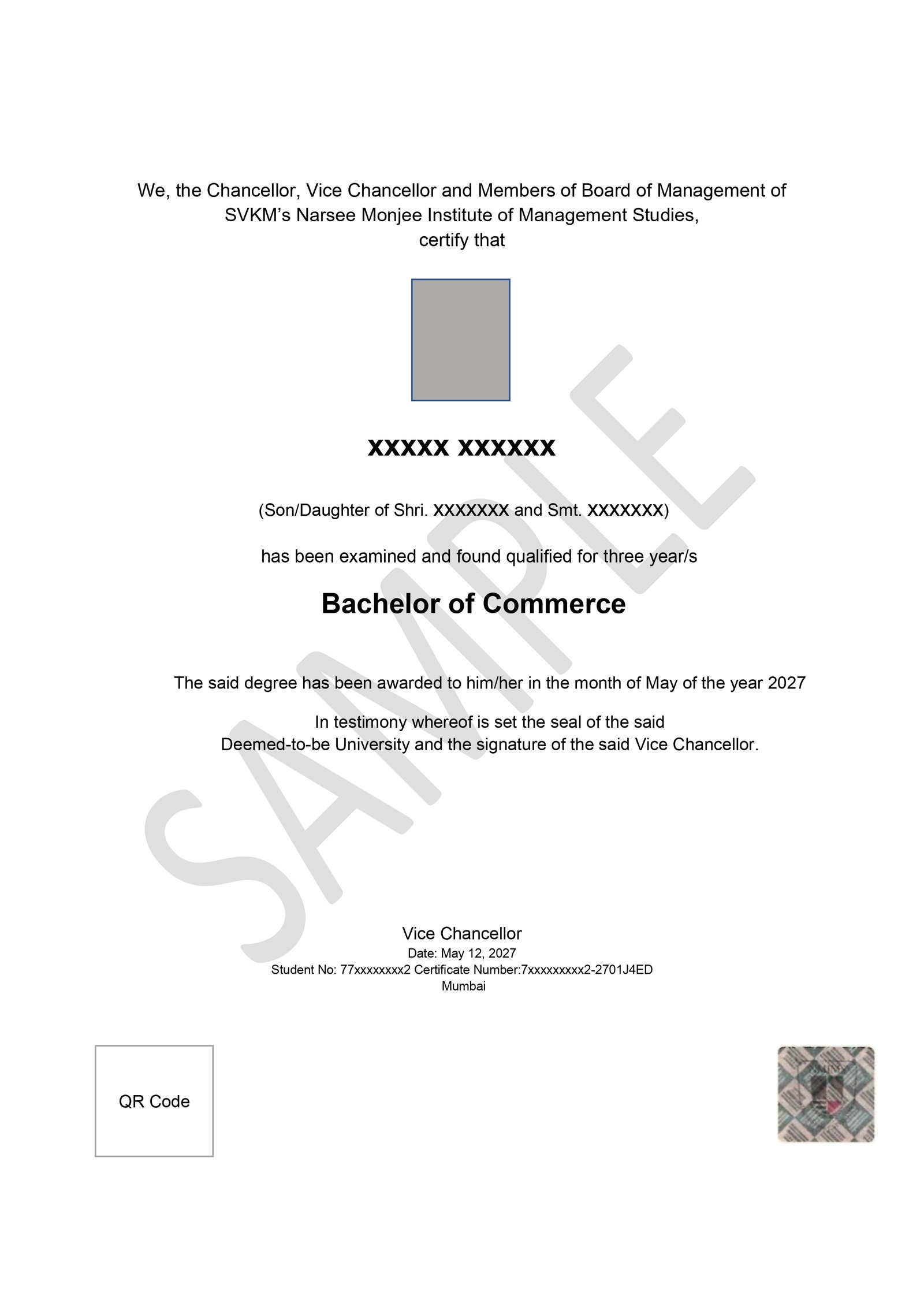 NMIMS Online B.Com certificate sample