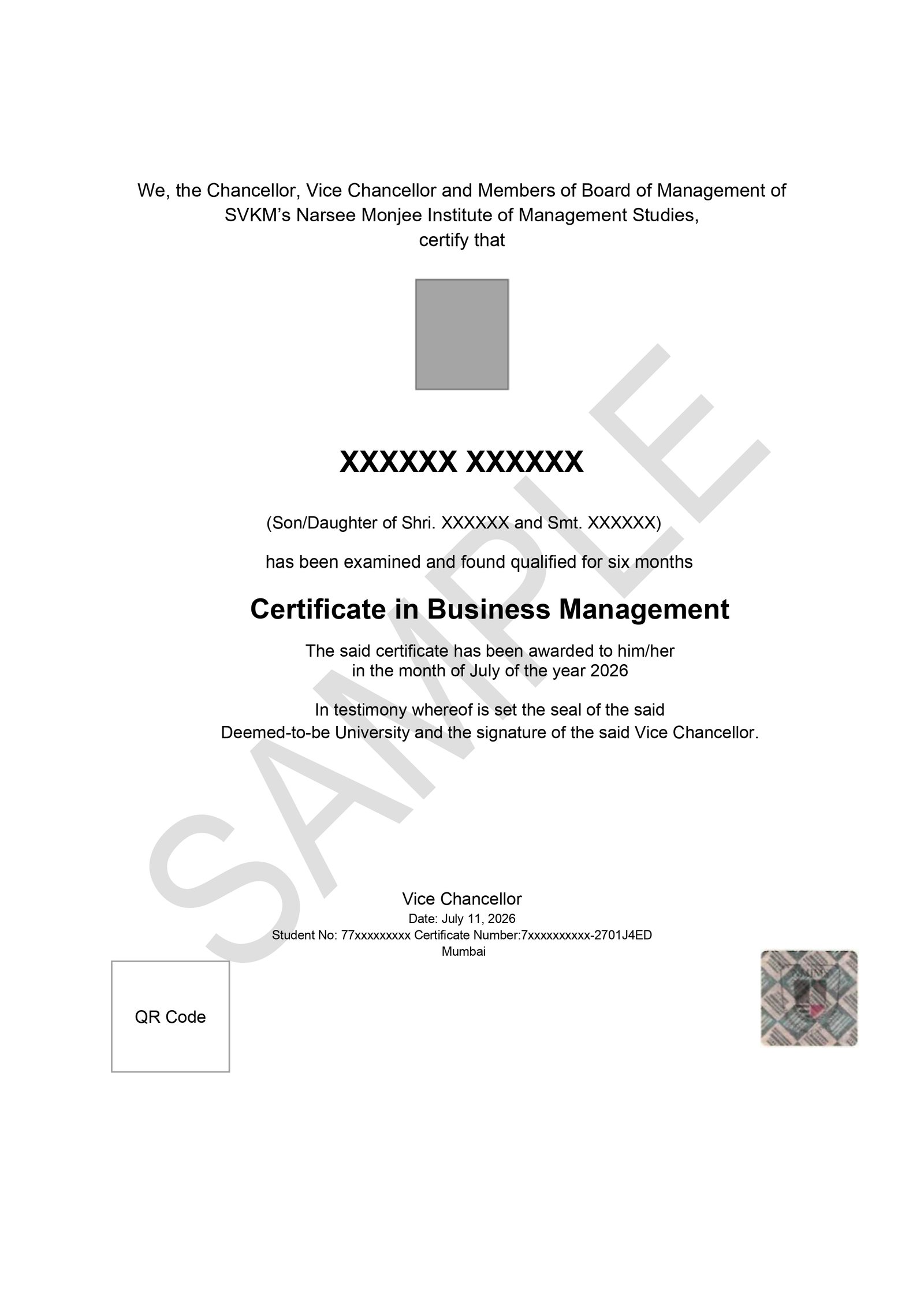 NMIMS Certificate in Business Management sample
