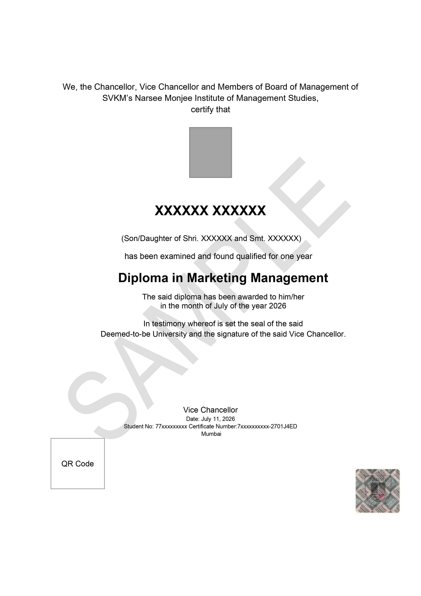 NMIMS Online Diploma certificate sample