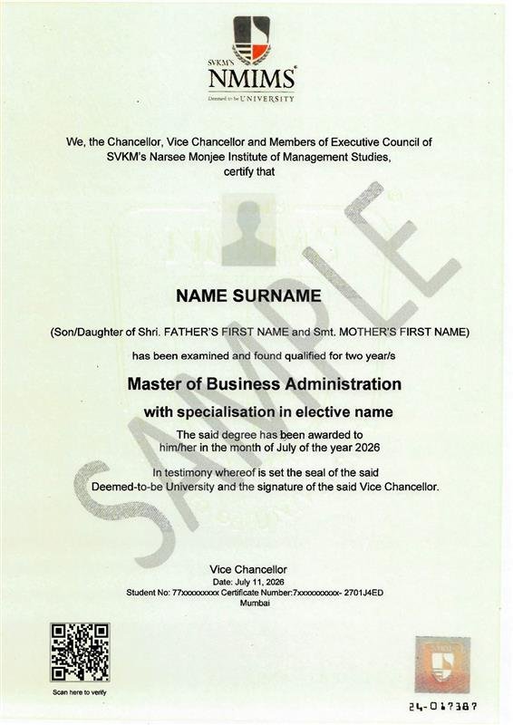 NMIMS Online MBA certificate sample